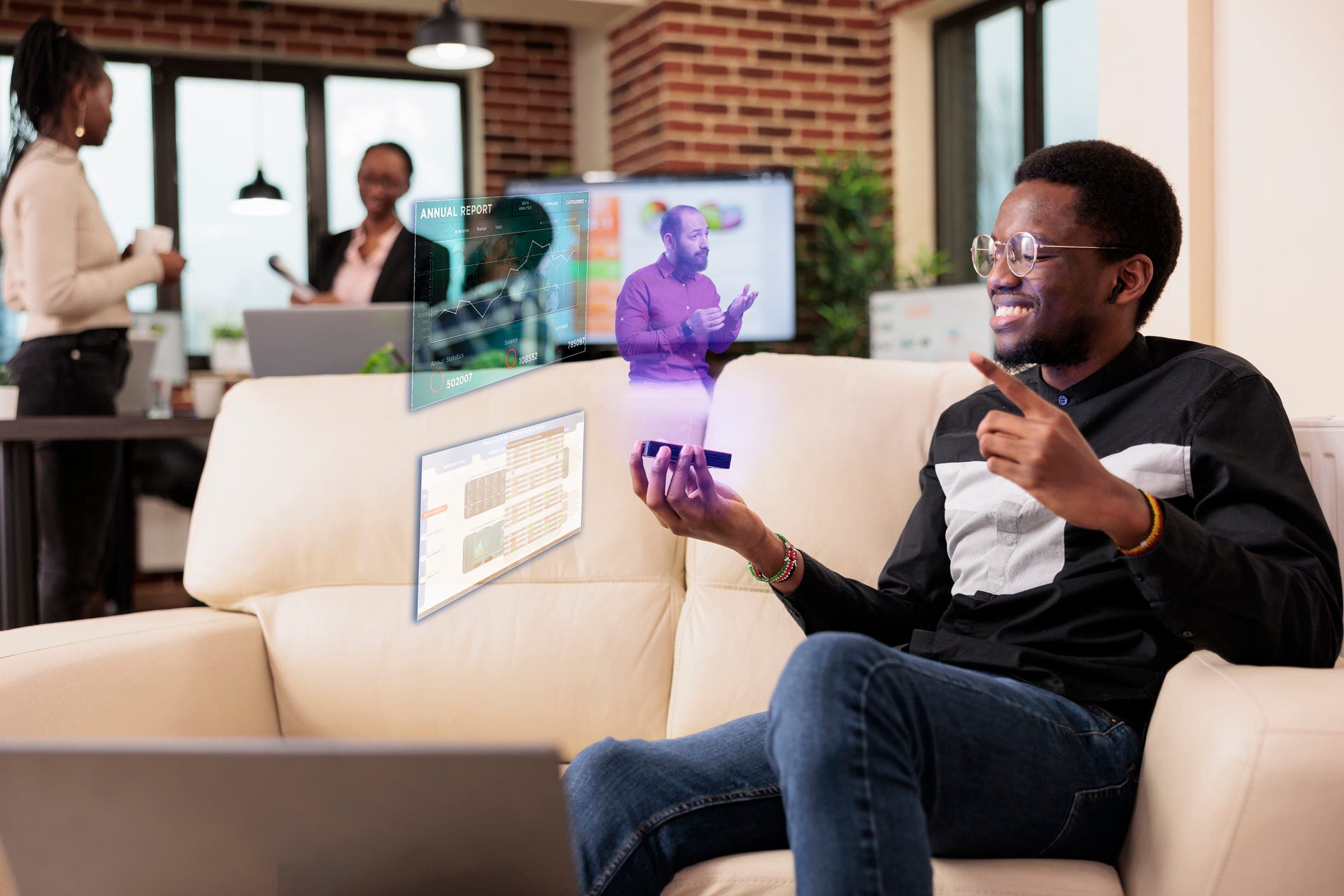 Person interacting with an augmented-reality data display.