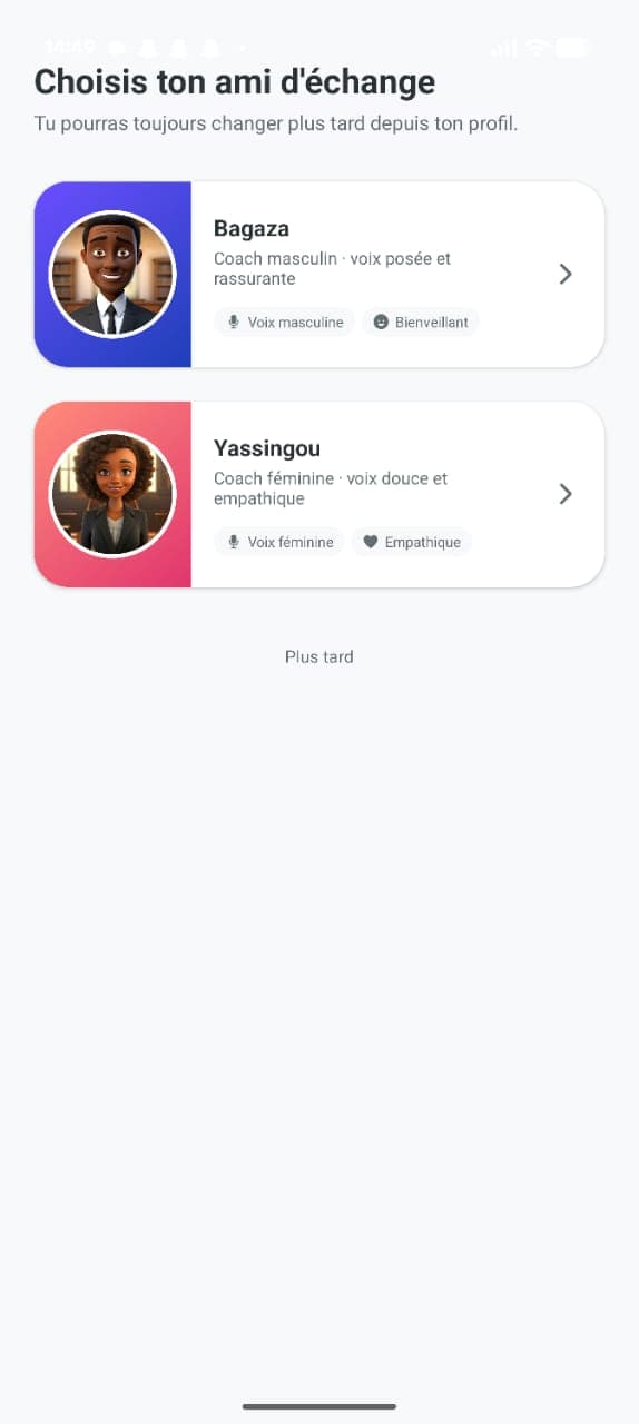 MBIPA companion selection screen — choose between Bagaza and Yassingou