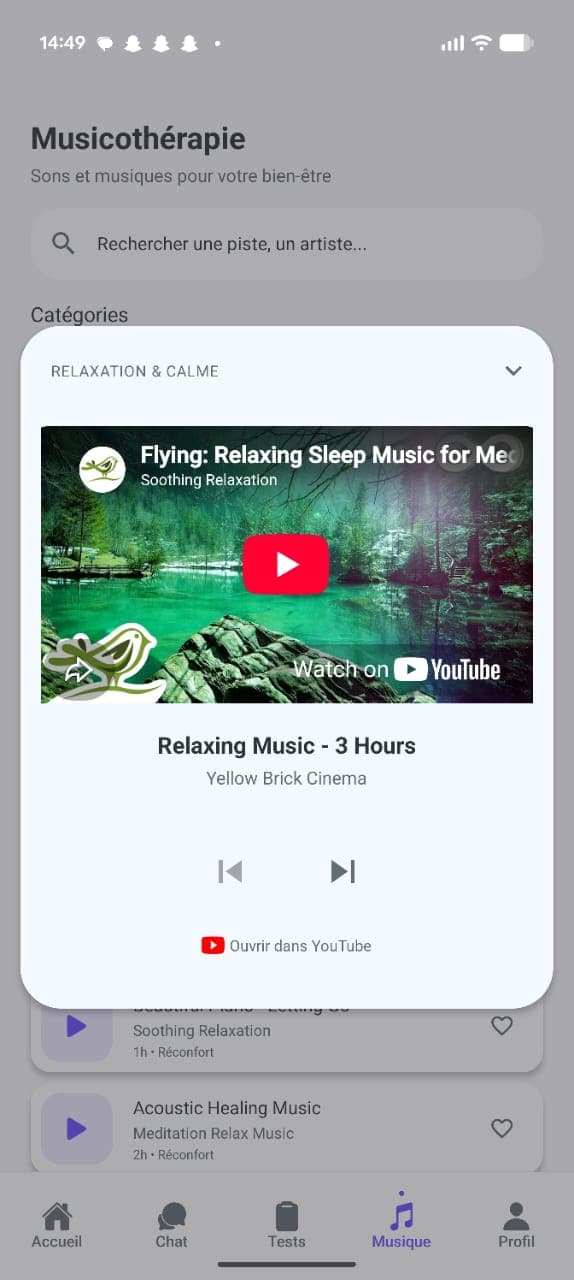 MBIPA Musicothérapie screen — relaxation music library
