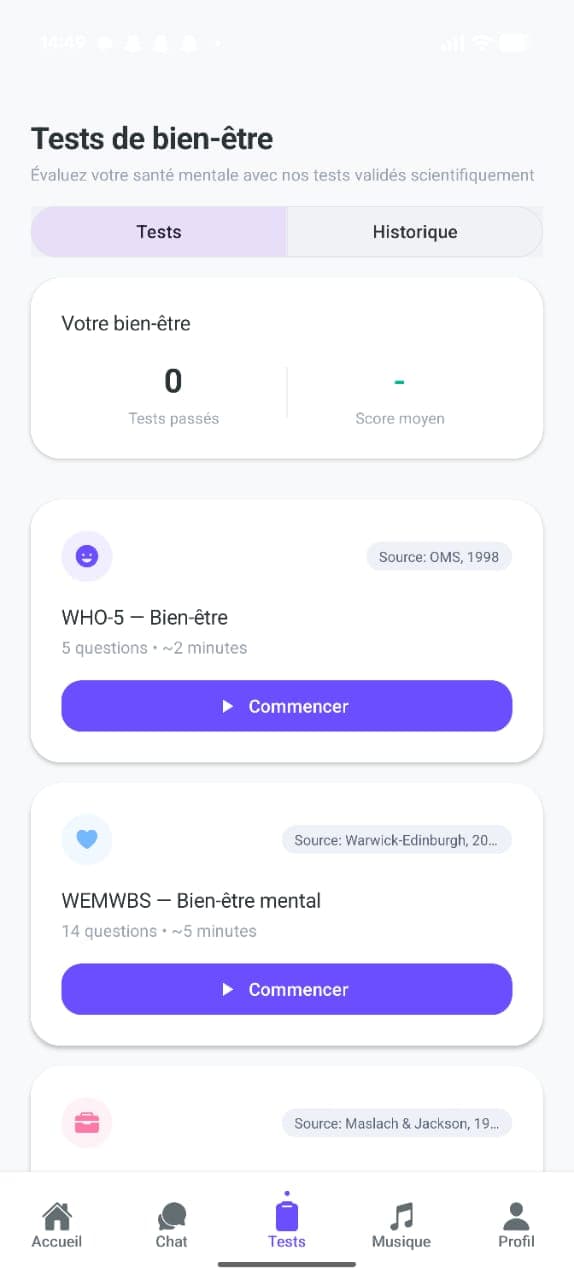 MBIPA wellbeing tests screen — WHO-5, WEMWBS, and MBI listed