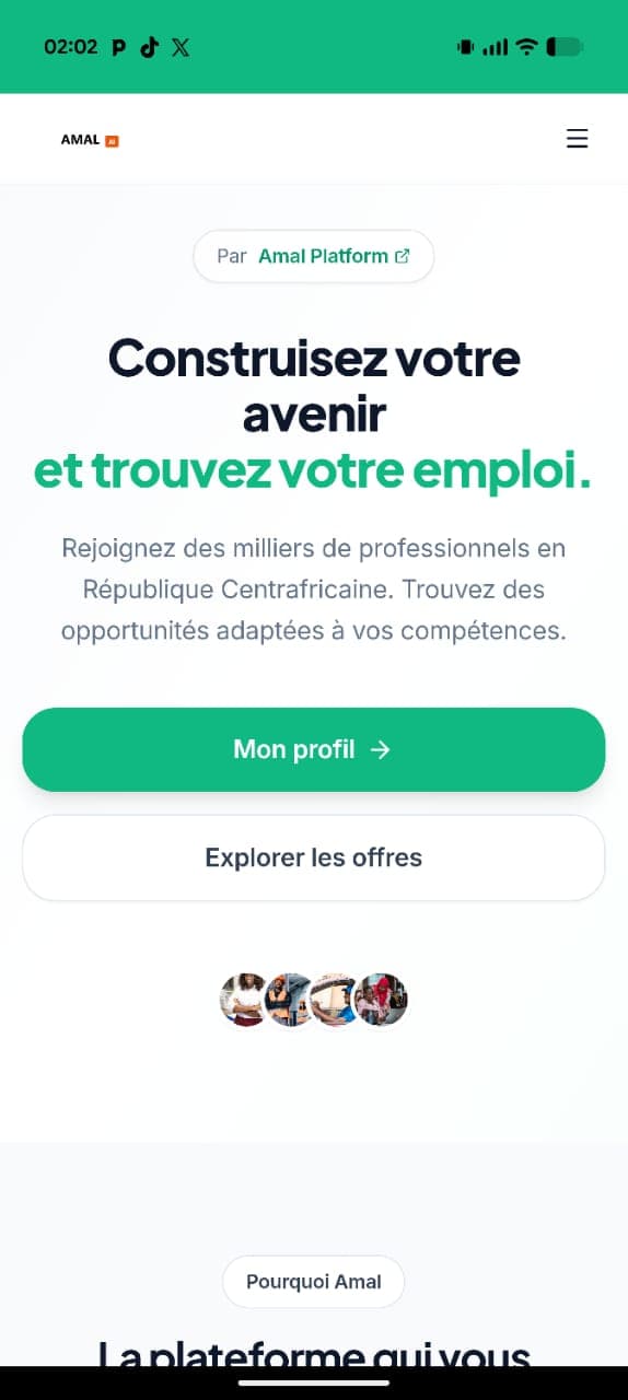 Amal AI landing screen — Construisez votre avenir et trouvez votre emploi
